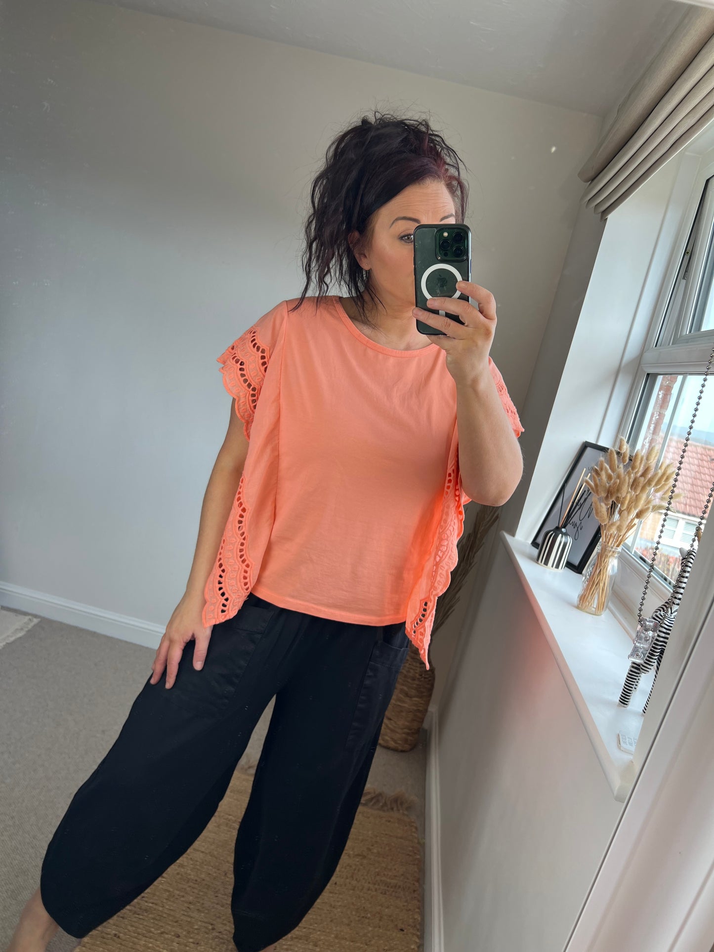 Embroidery Anglaise Frill Sleeve T-Shirt - Coral