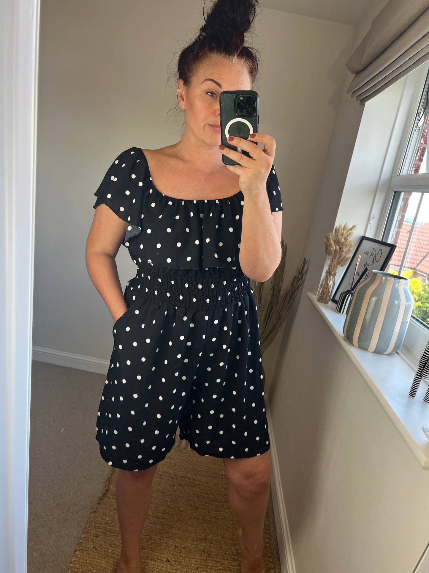 Shirred Waist Playsuit - Spotty Black