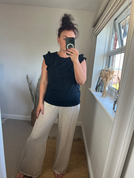 Wide Leg Linen Mix Trousers - Cream