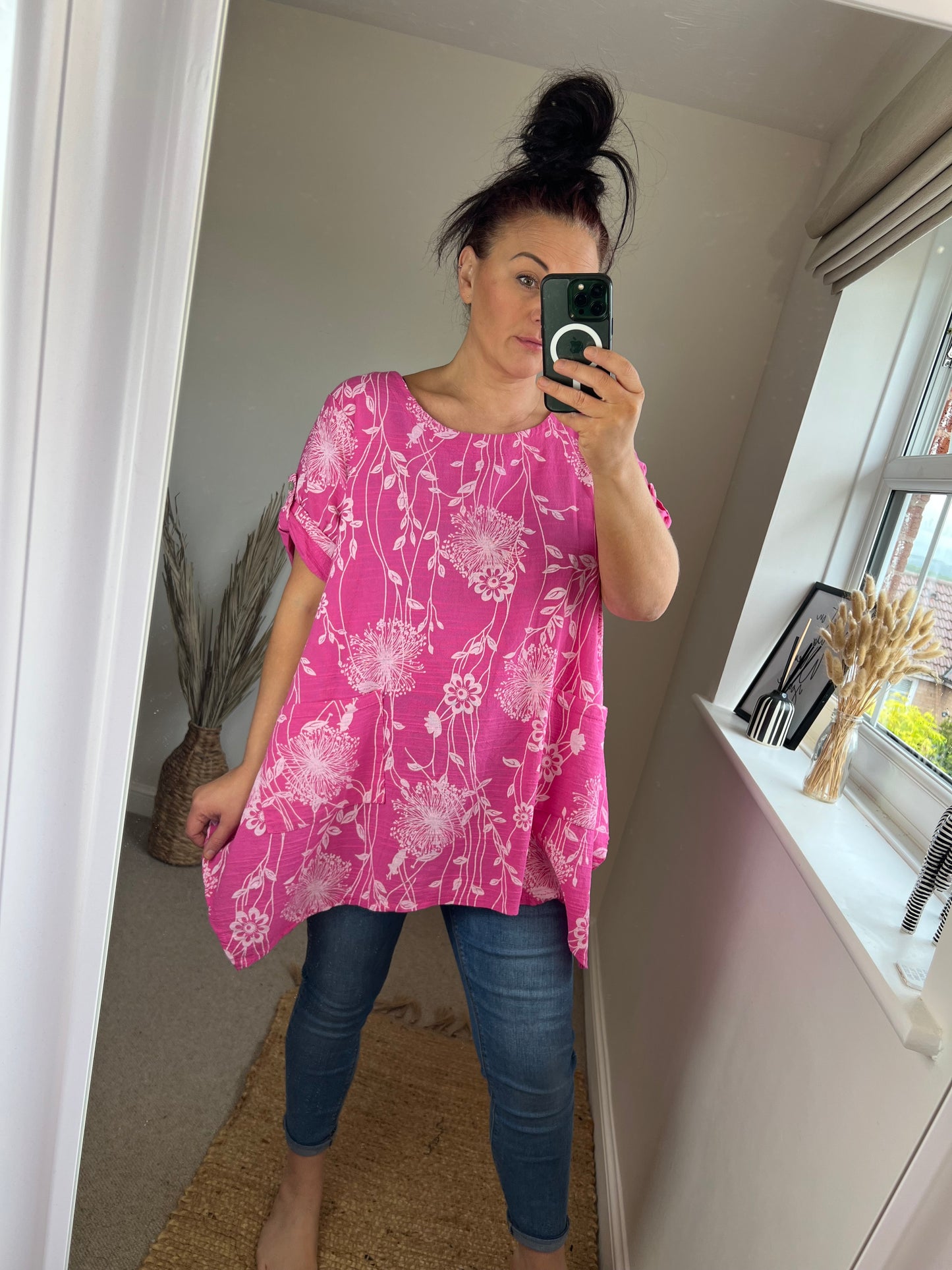 Longline Cotton Floral Top - Cerise