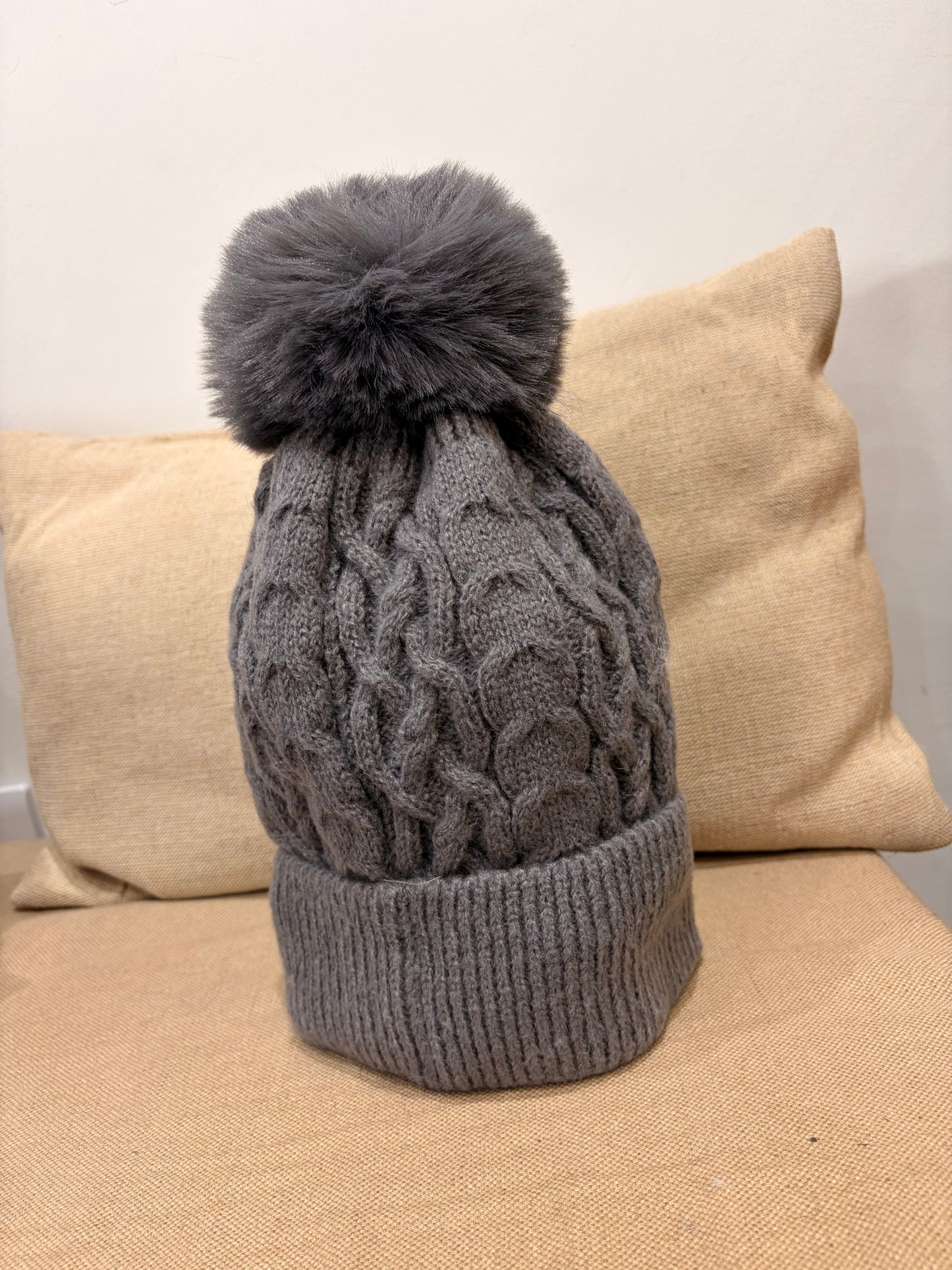 Fleece Lined Pom Pom Hat - Dark Grey