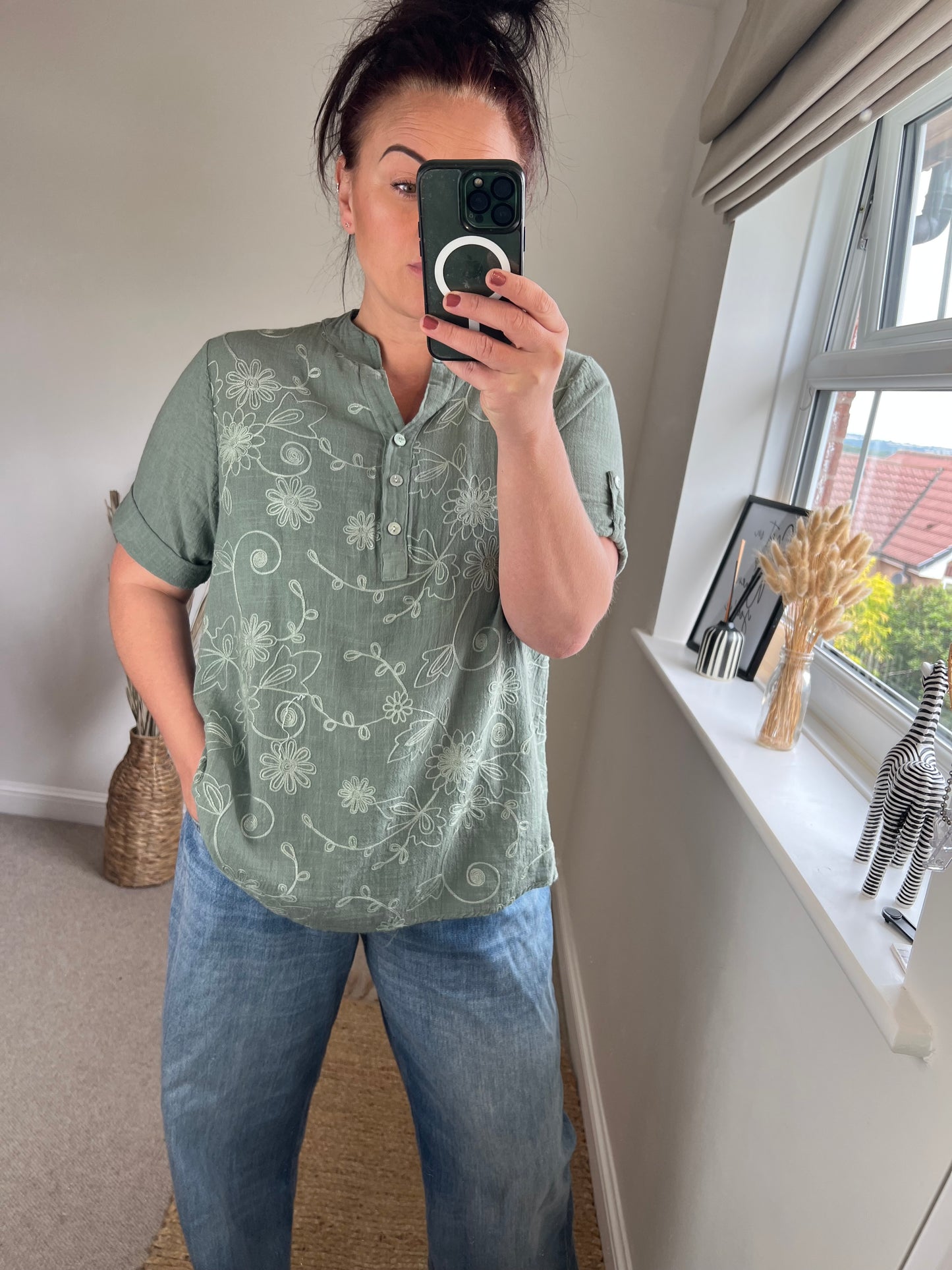 Cotton Shirt - Embroidered Khaki