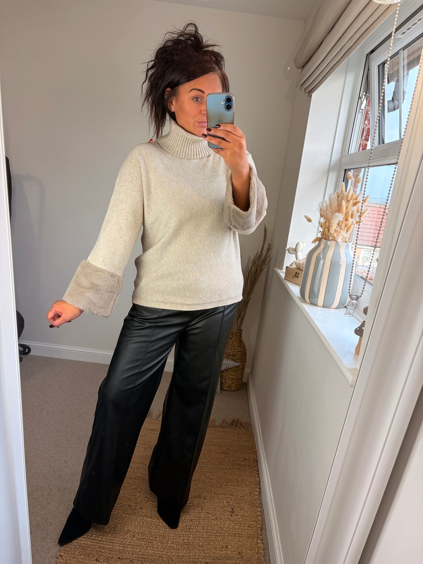 Faux Fur Cuffed Jumper - Cream