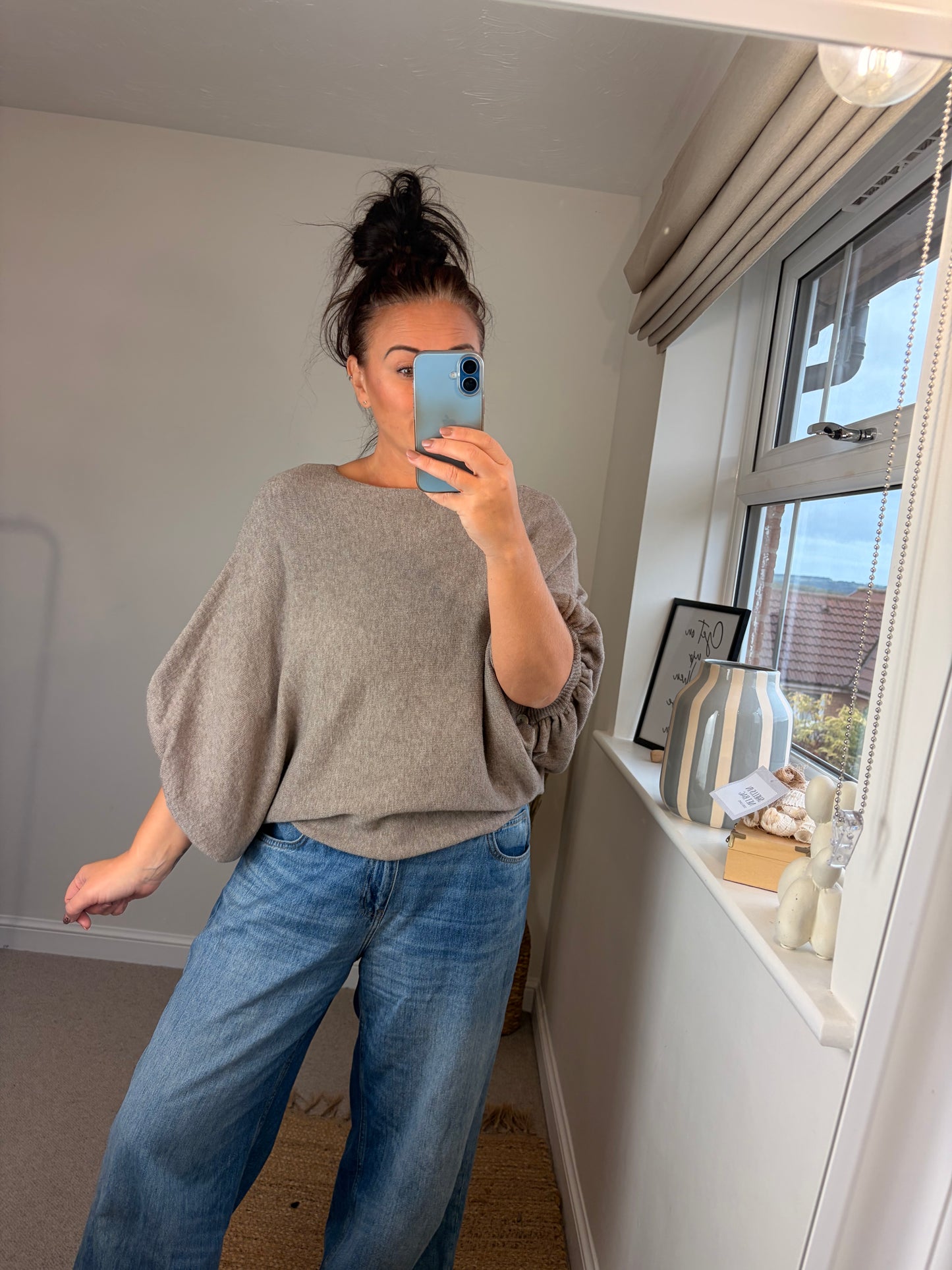Button Back Batwing Fine Knit Jumper - Oatmeal
