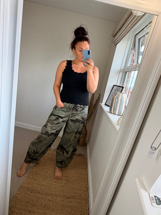 Camo Barrel Leg Trousers