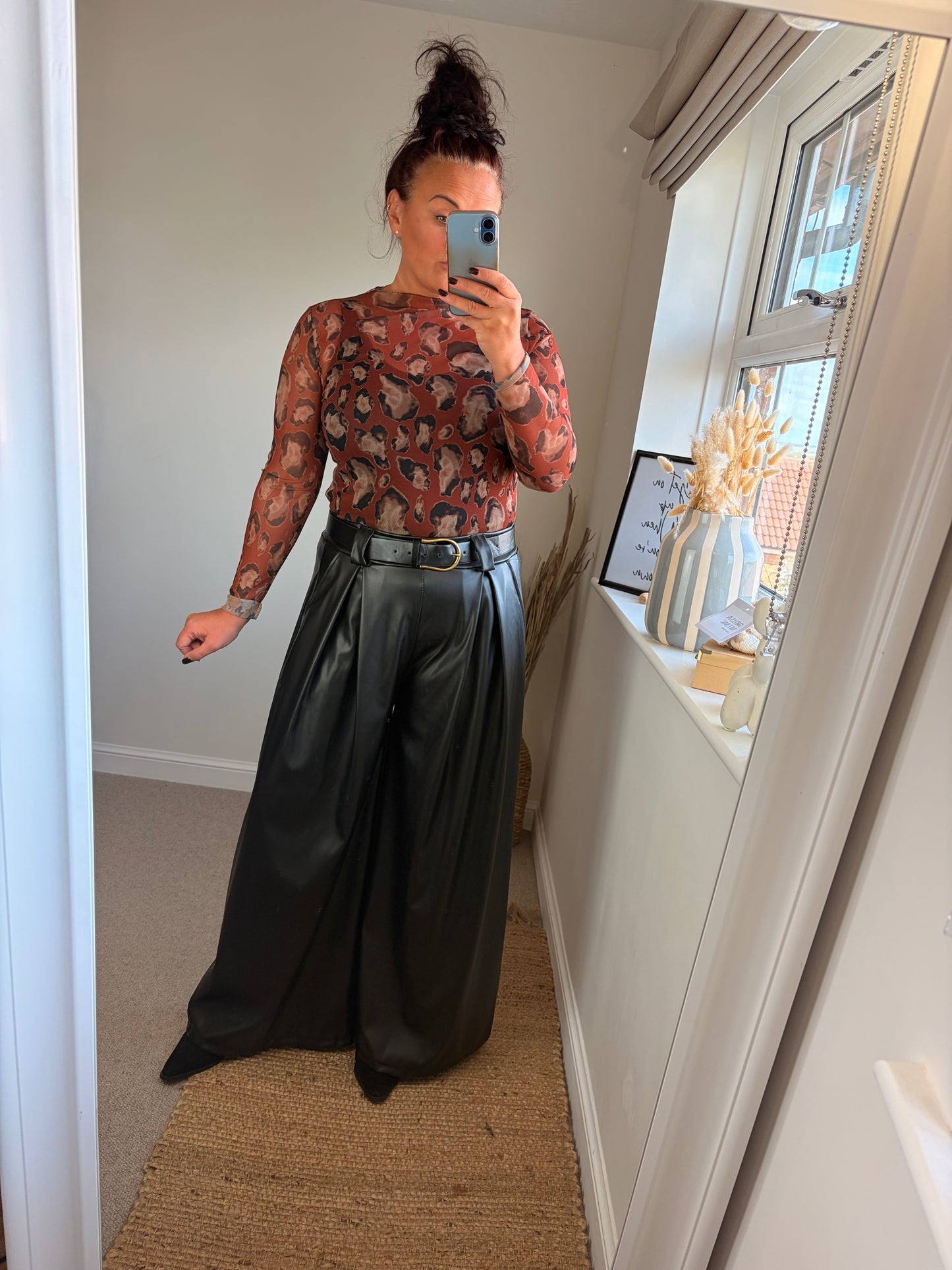 Wide Leg Faux Leather Trousers - Black