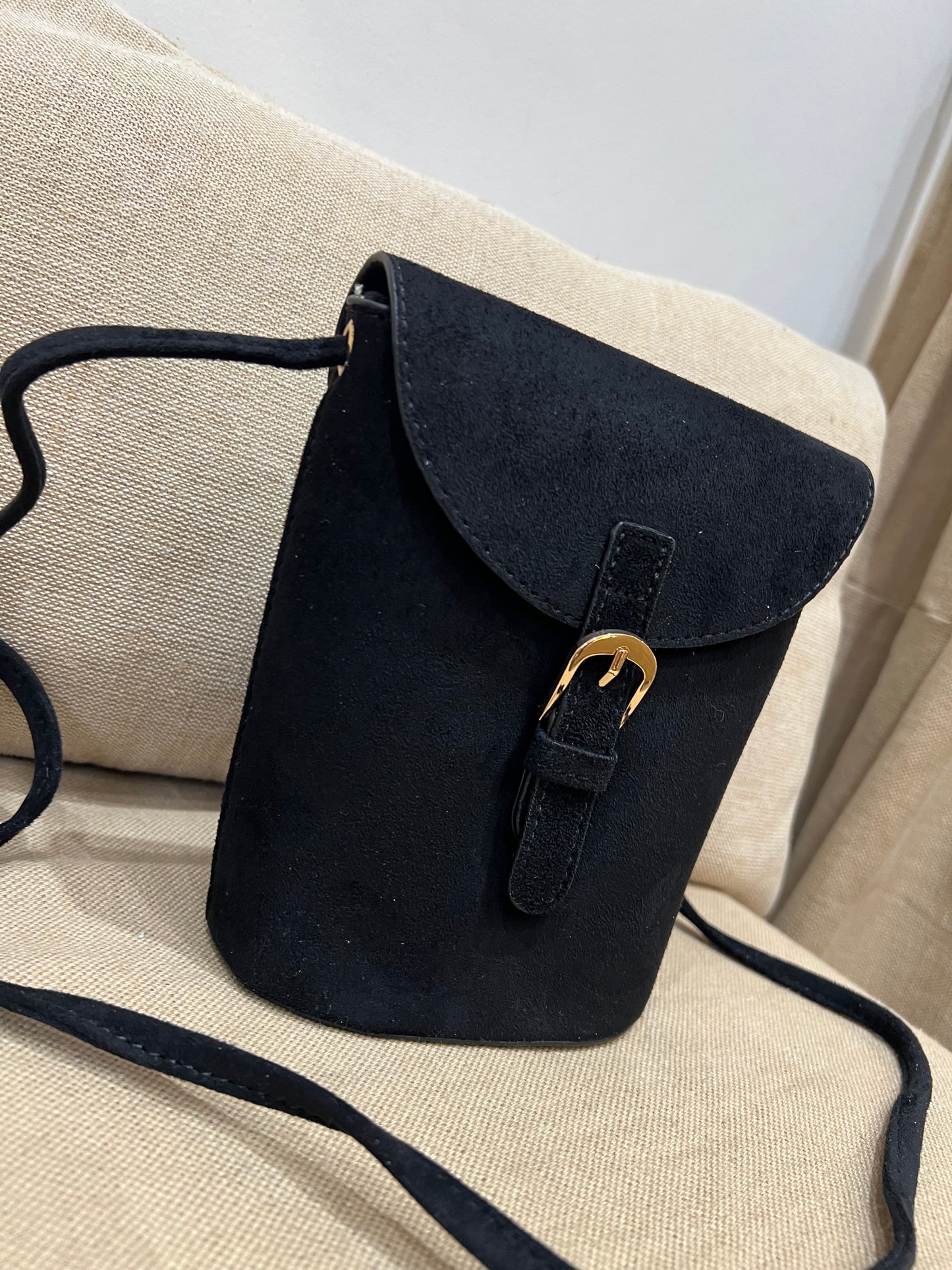 Faux Suede Bucket Crossbody Bag - Black