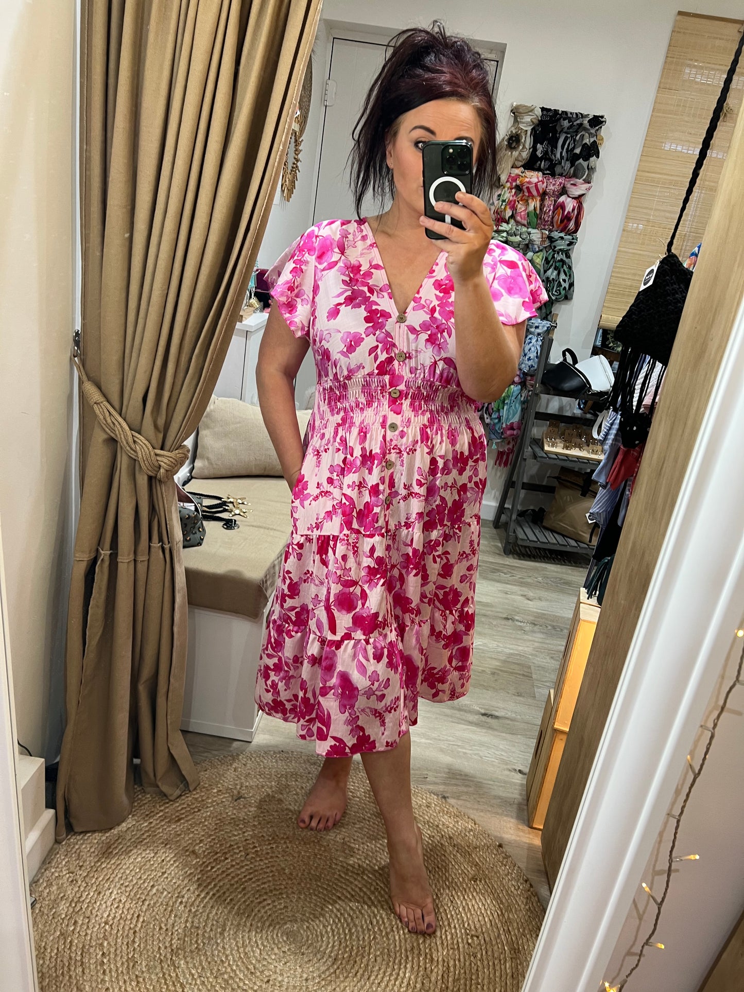 LOTTIE Midi Button Dress with Pockets - Cerise