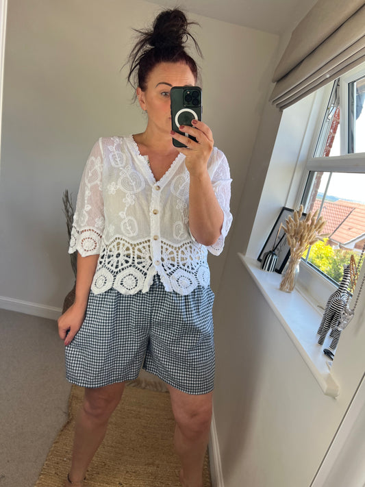 Gingham Cotton Shorts - Navy
