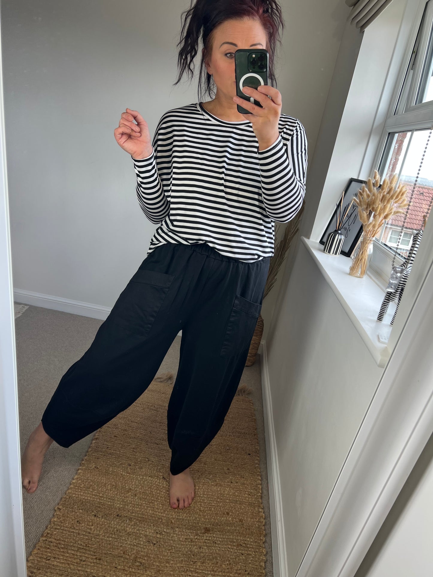 Stretchy Striped Long Sleeve Top - Black