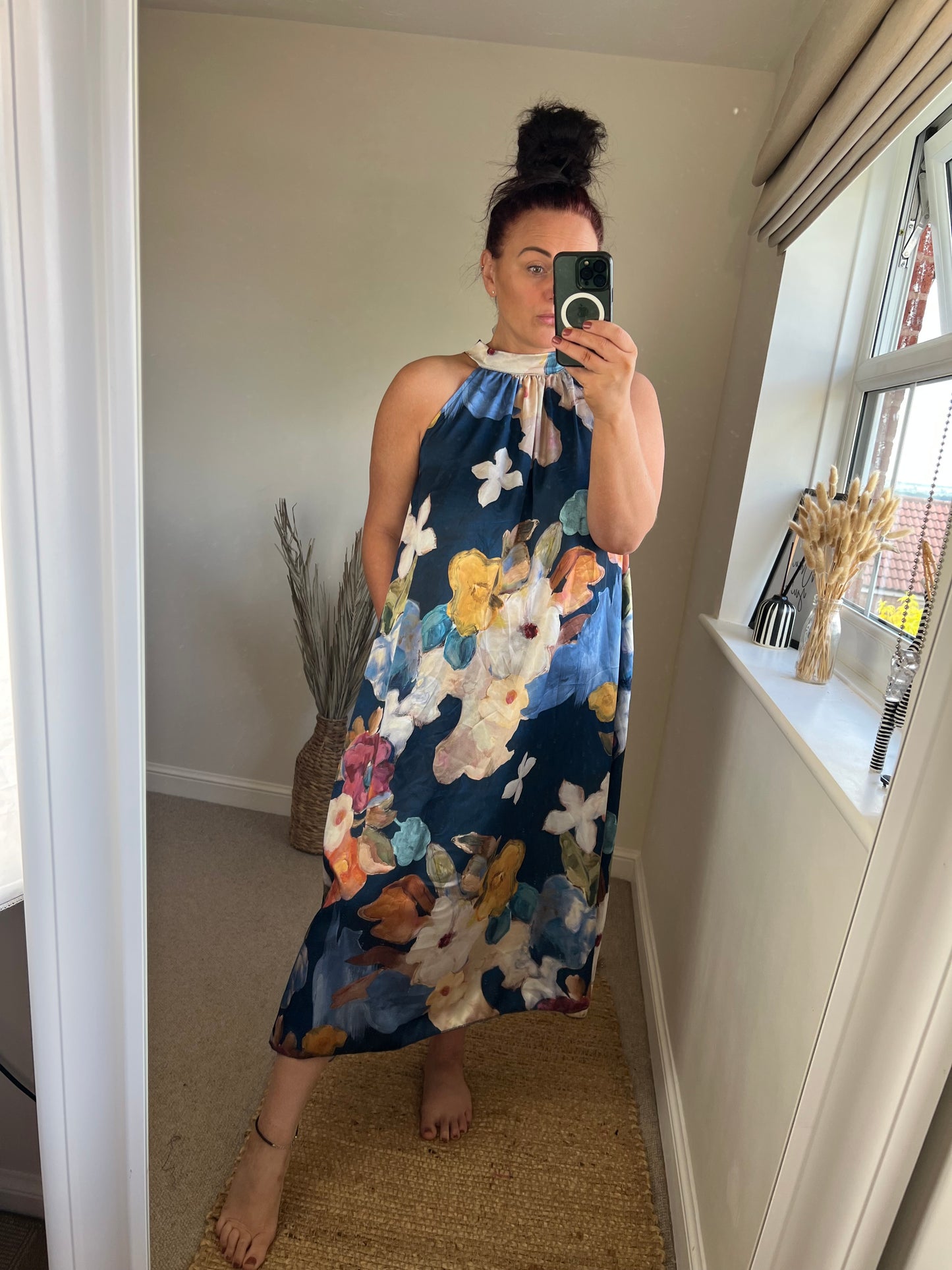 Halter Neck Satin Dress - Navy