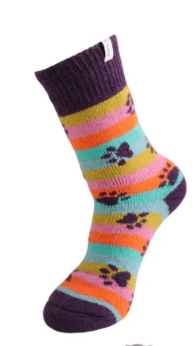 Miss Sparrow Wool Socks - Stripe & Paw Prints
