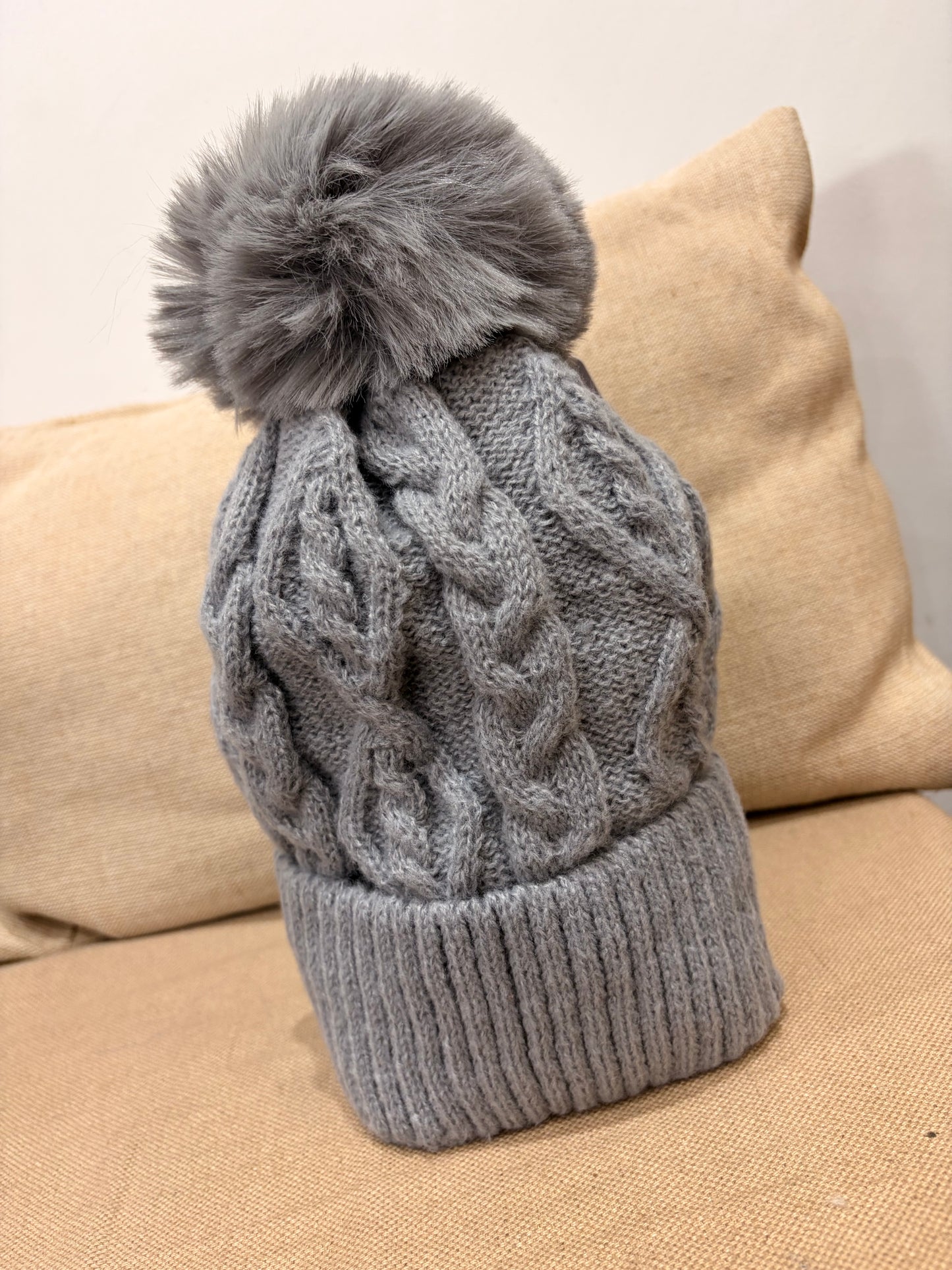 Fleece Lined Pom Pom Hat - Light Grey
