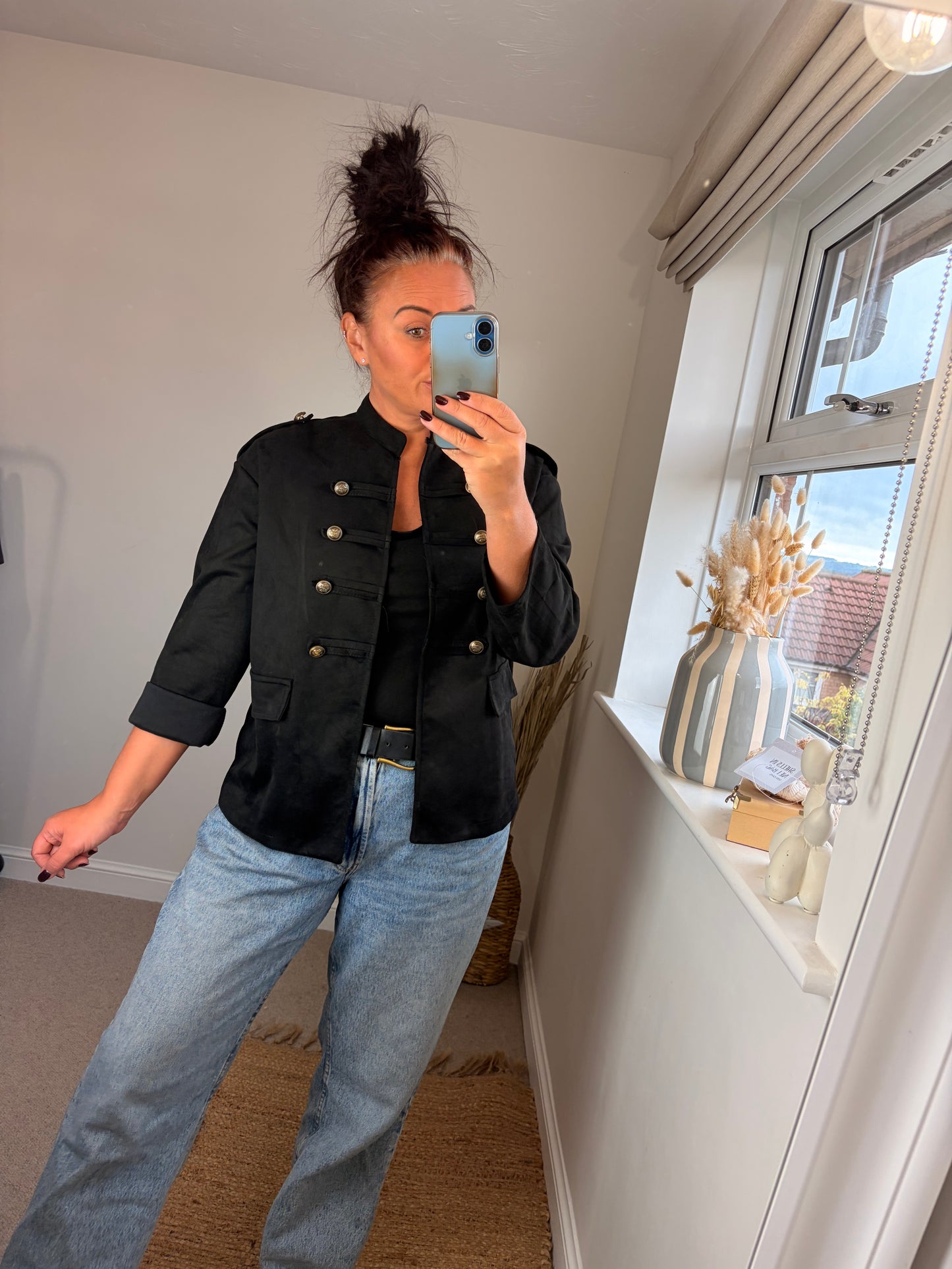 Faux Suede Military Jacket - Black