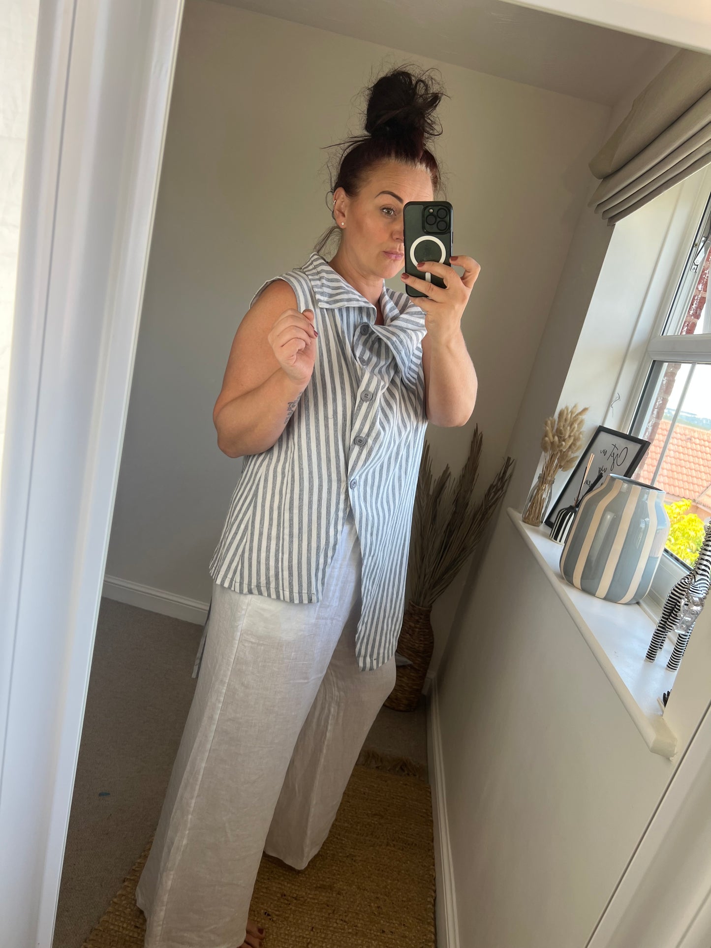 Premium Linen Long Waistcoat - Stripe Blue