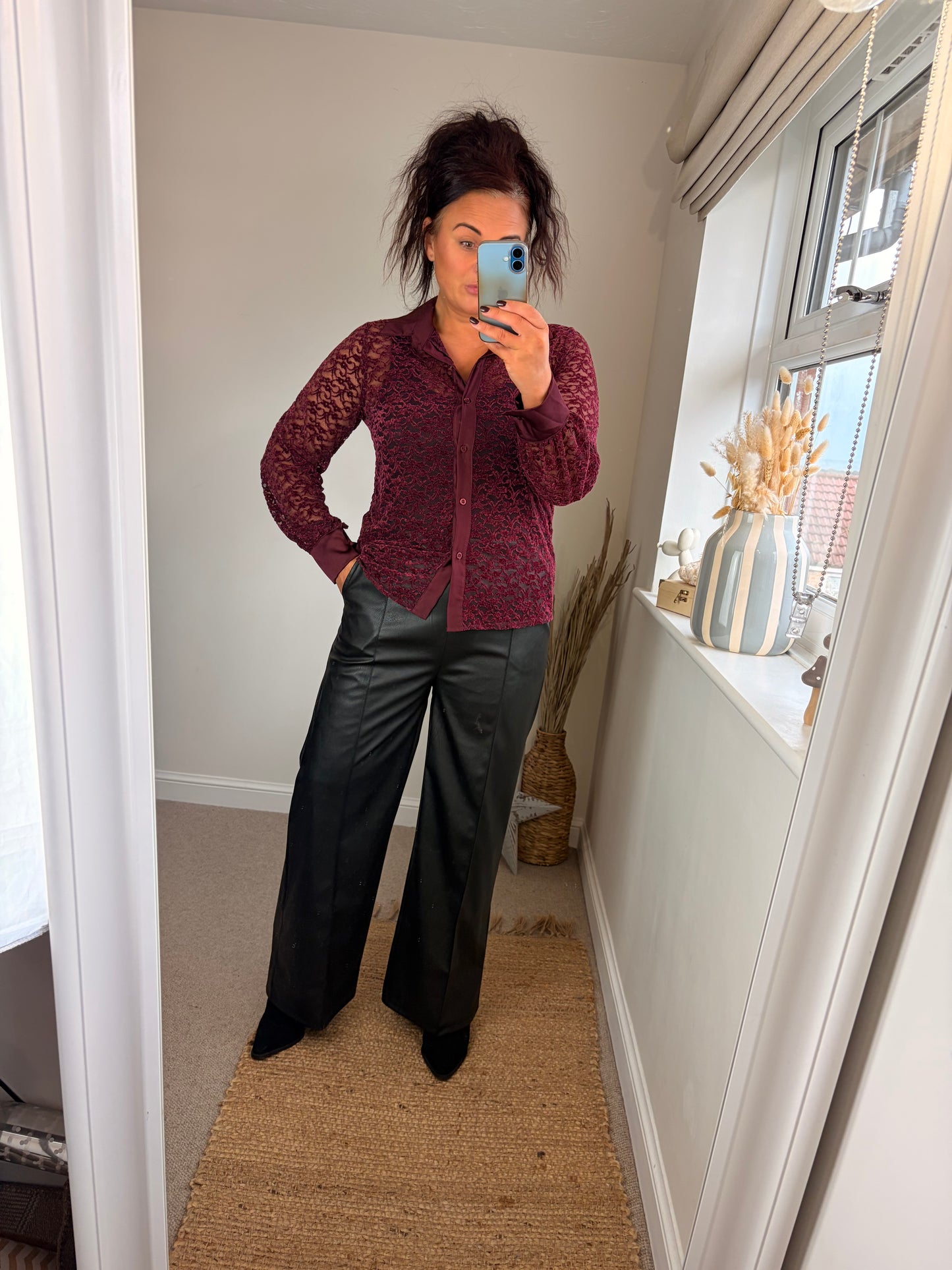 Faux Leather Seam Trousers - Black