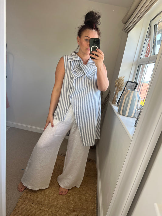 Premium Linen Long Waistcoat - Stripe Blue