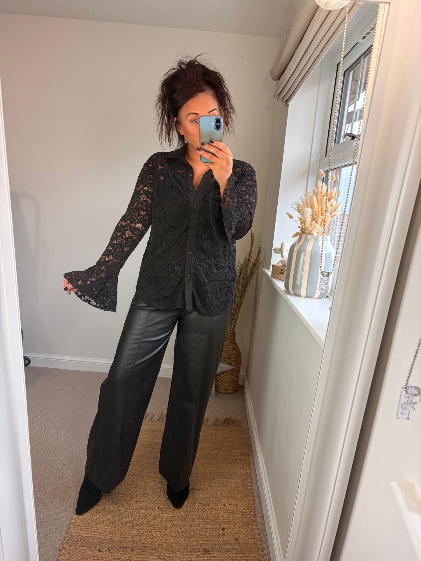Lace Flute Sleeve Shirt - Black