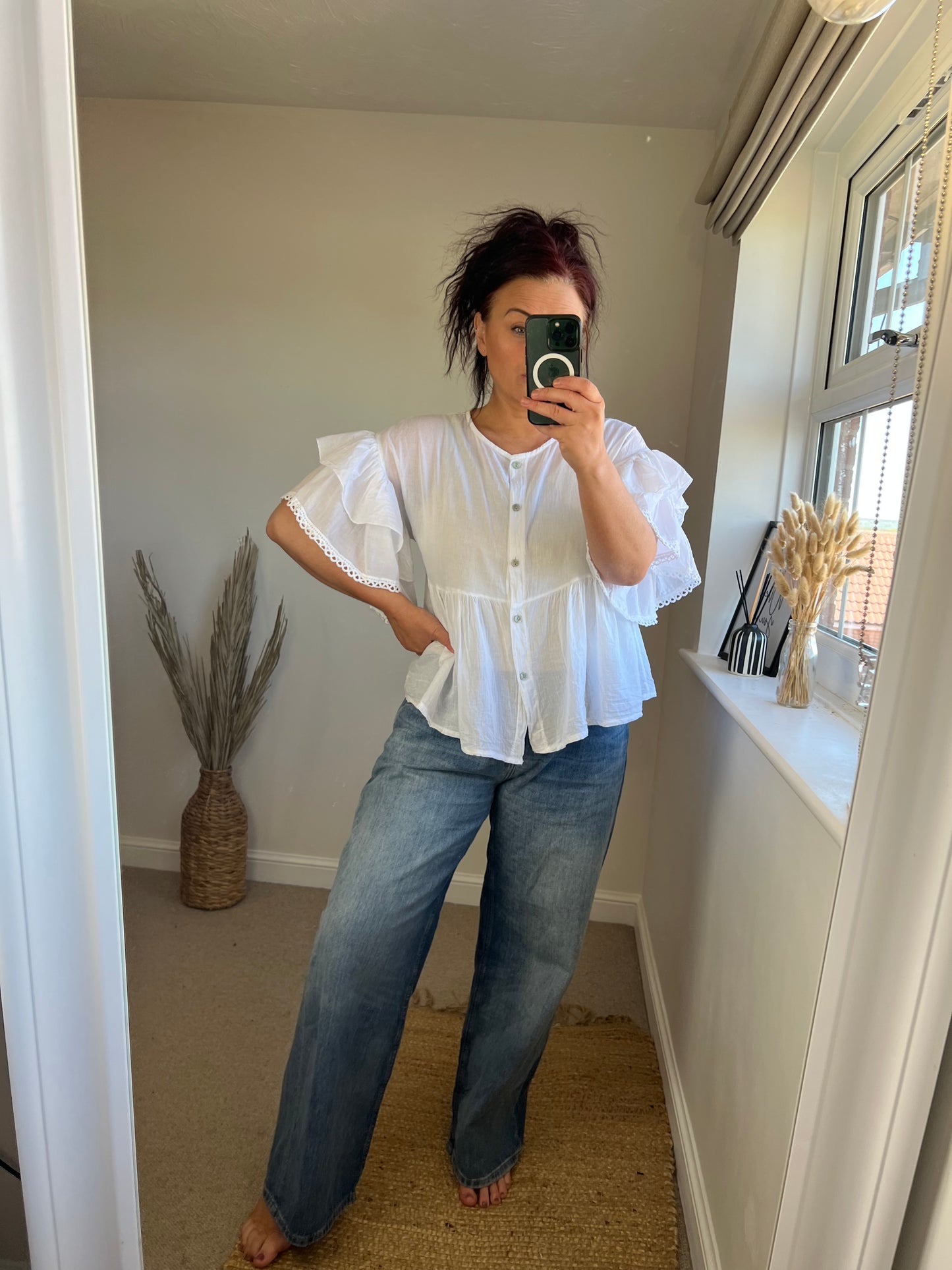 Ruffle Sleeve Smock Shirt - White
