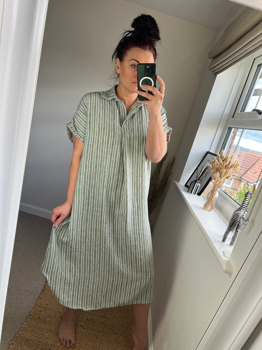 Stripe Cotton Midi Dress - Khaki