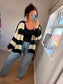 Chunky Knit Stripe Cardigan - Black/Cream