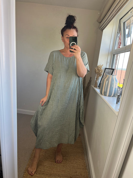 Cotton Stripe Cocoon Dress - Khaki
