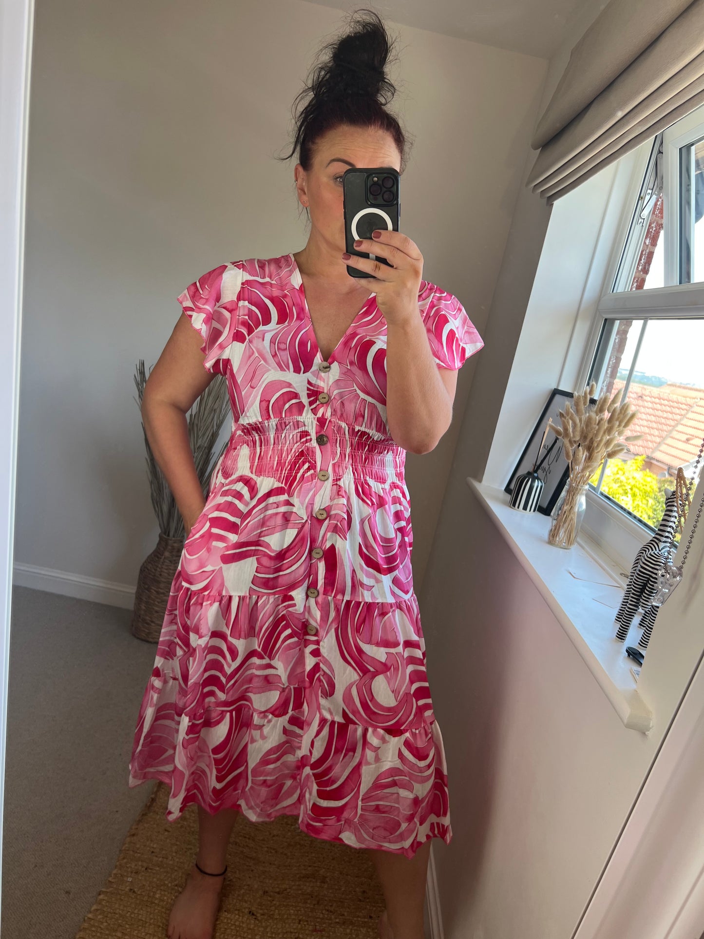 LOTTIE Midi Button Dress with Pockets - Cerise
