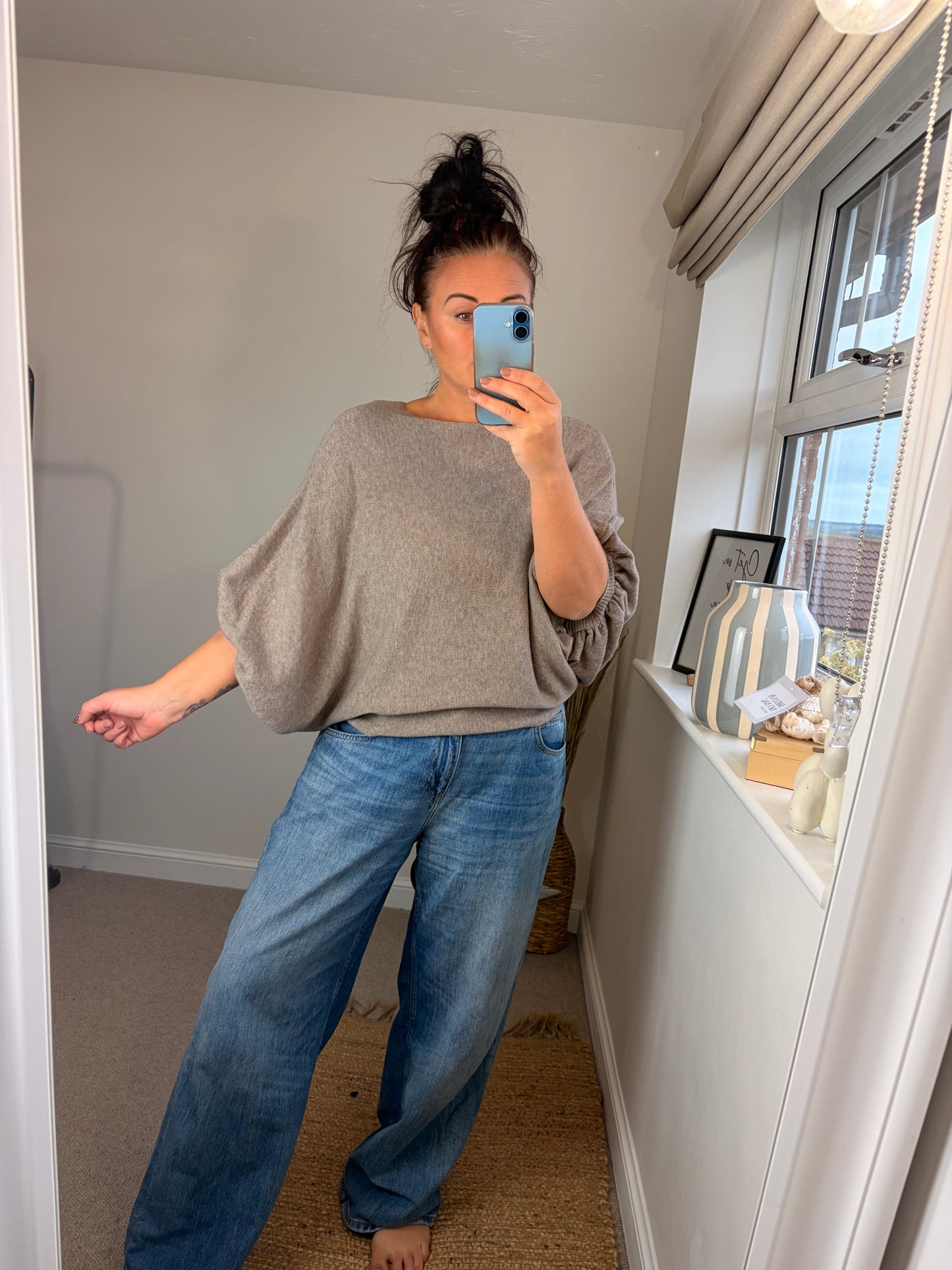 Button Back Batwing Fine Knit Jumper - Oatmeal