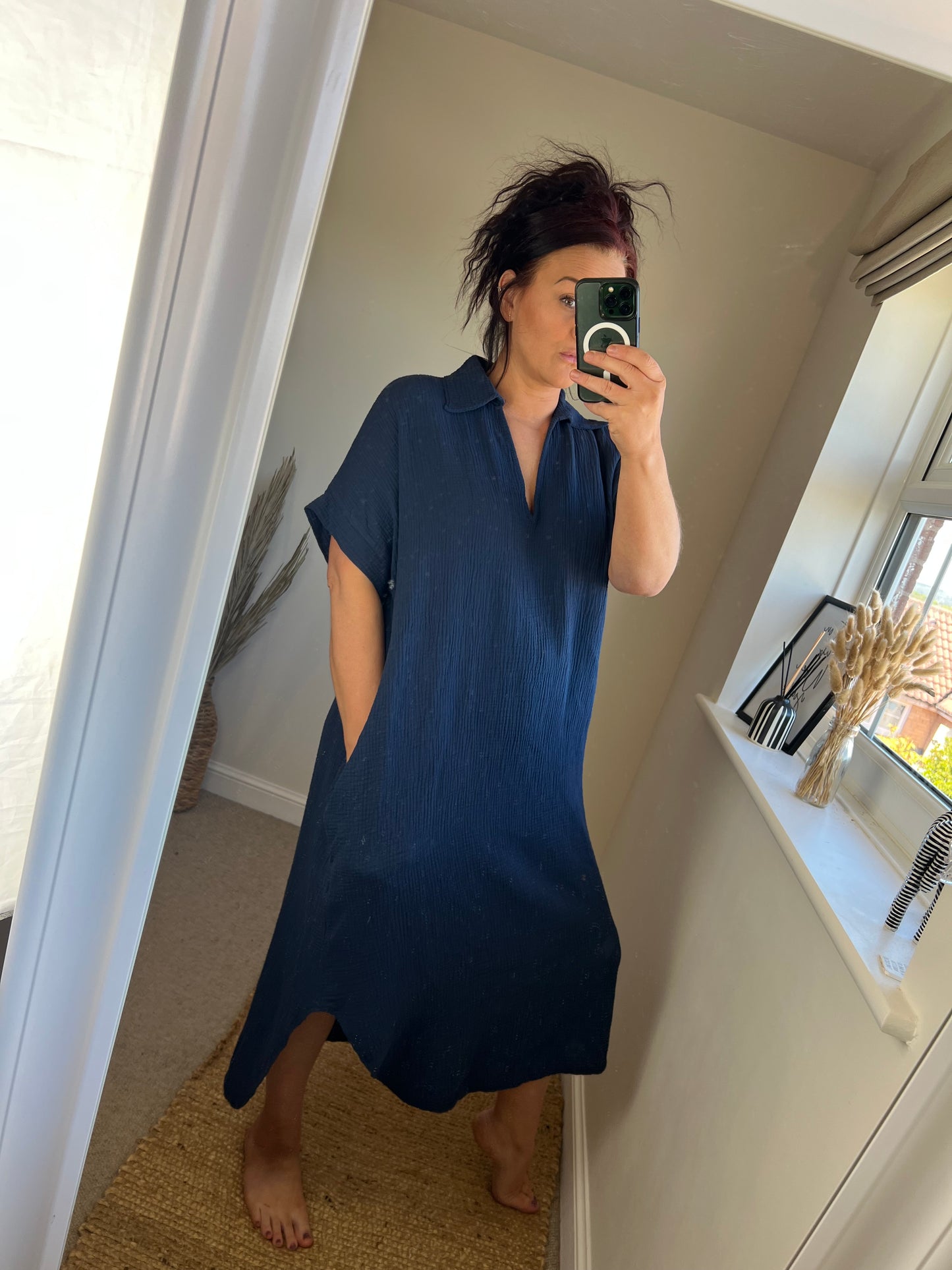 Crinkle Cotton Tunic Dress - Navy