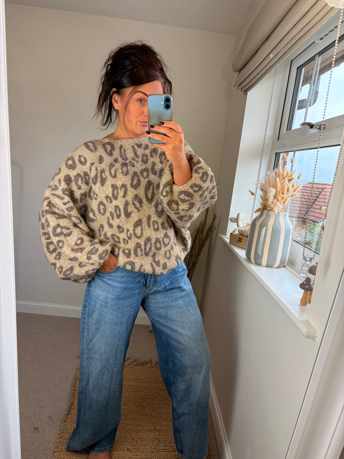 Slouch Oversize Leopard Jumper - Beige