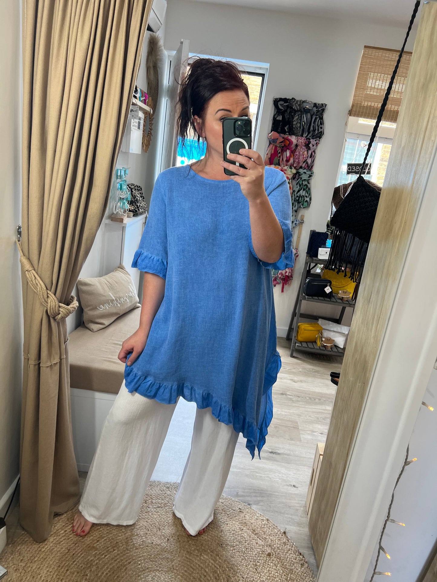 Linen Frill Tunic/Dress - Blue