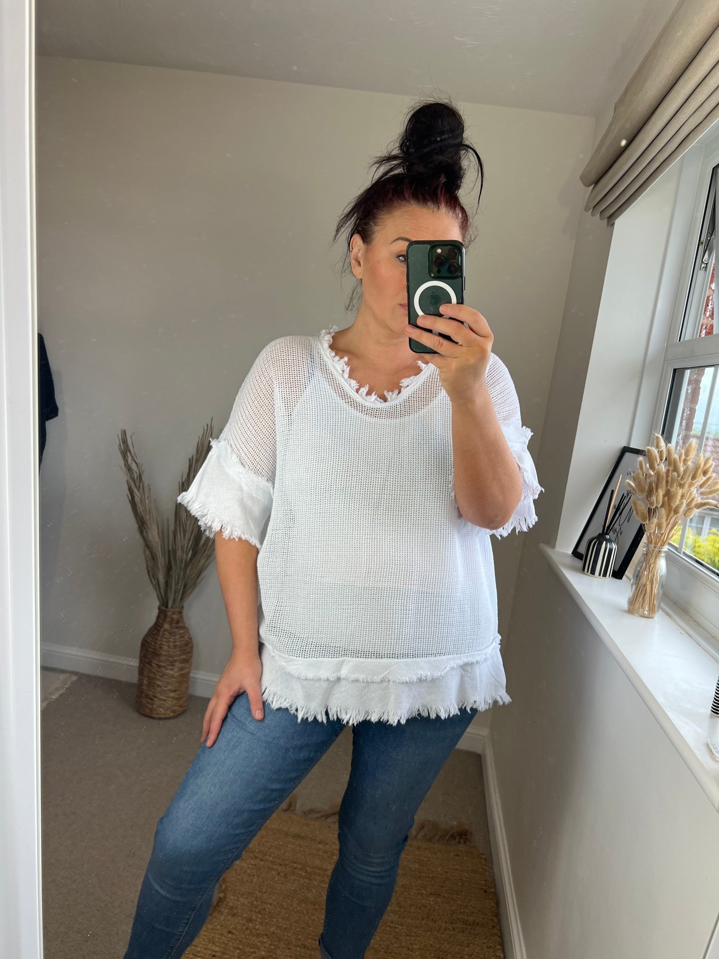 Raw Edge Mesh Top - White