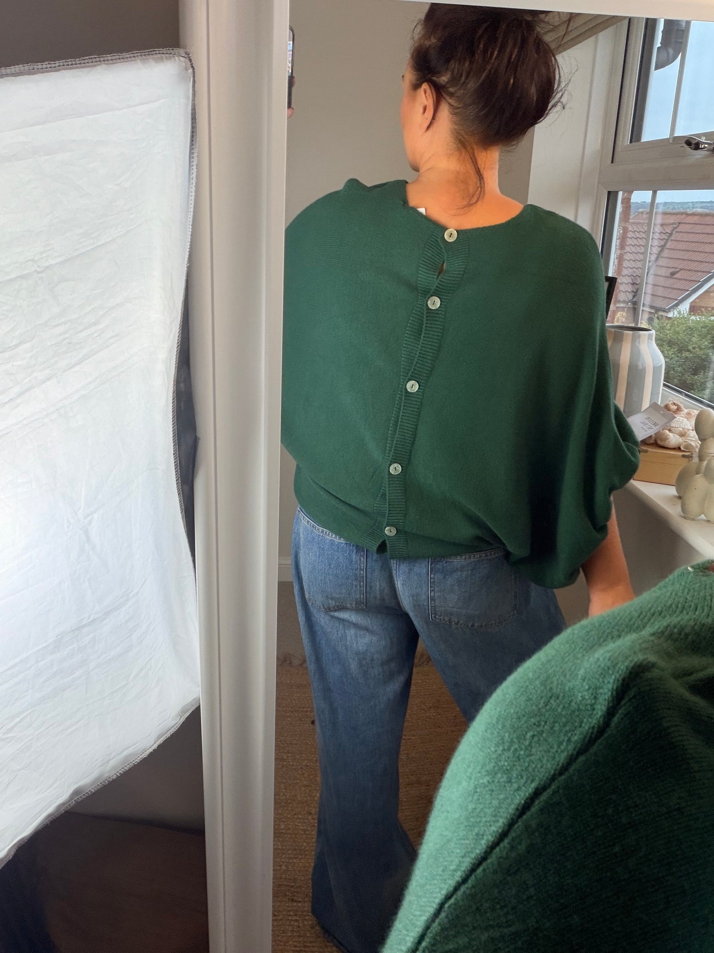 Button Back Batwing Fine Knit Jumper - Green