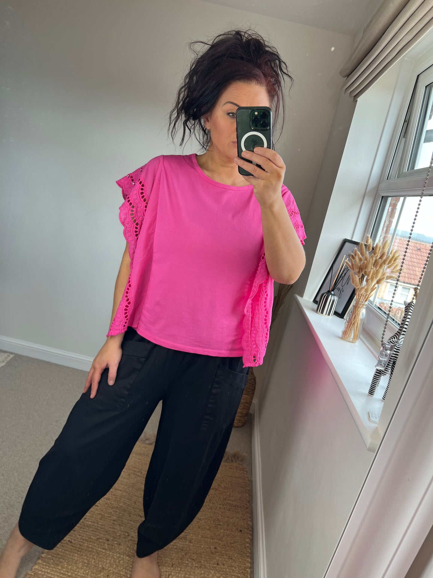 Broderie Anglaise Frill Sleeve T-Shirt - Cerise
