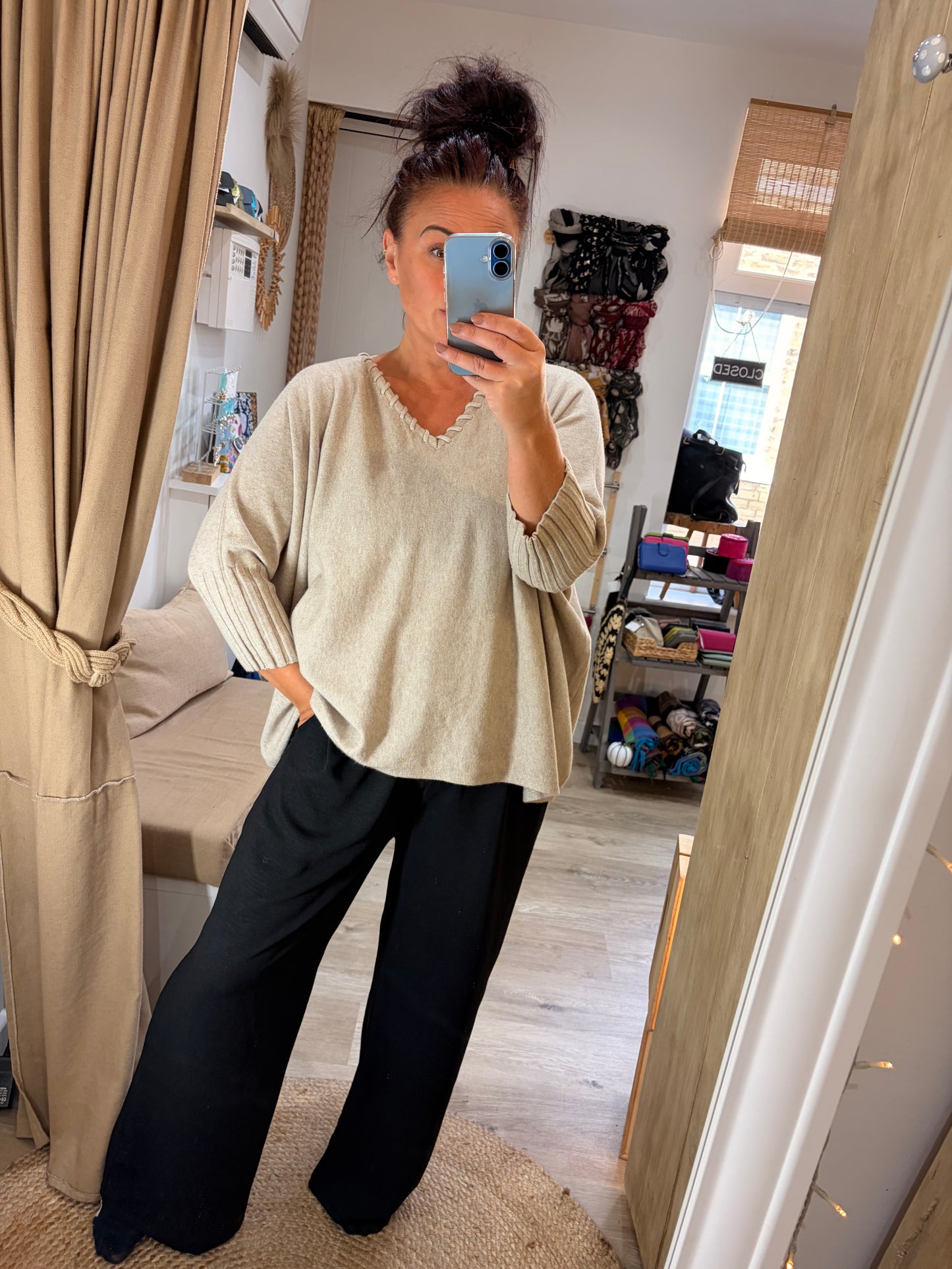 V Neck Stitch Jumper - Beige