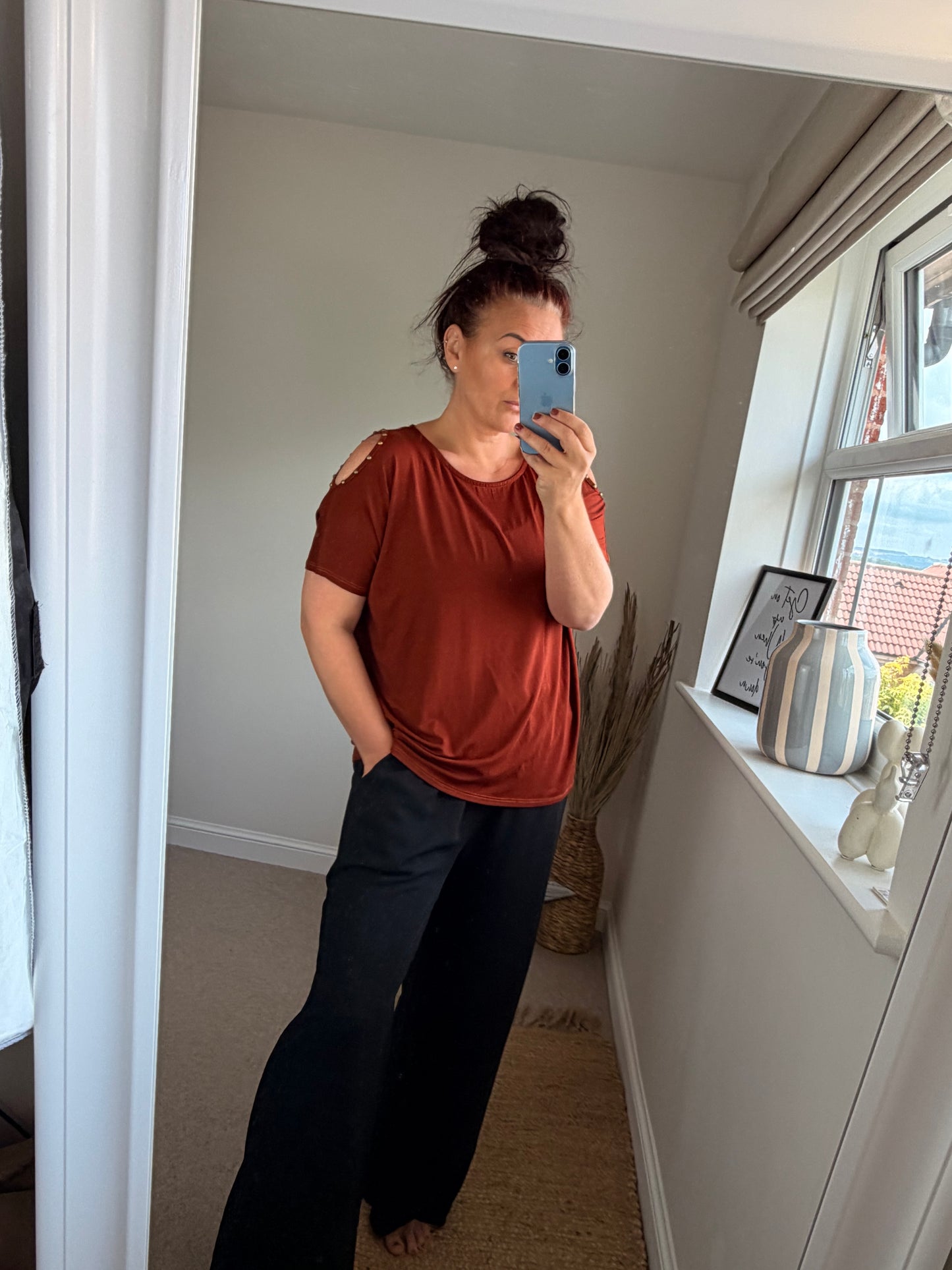 Cold Shoulder Studded Top - Rust