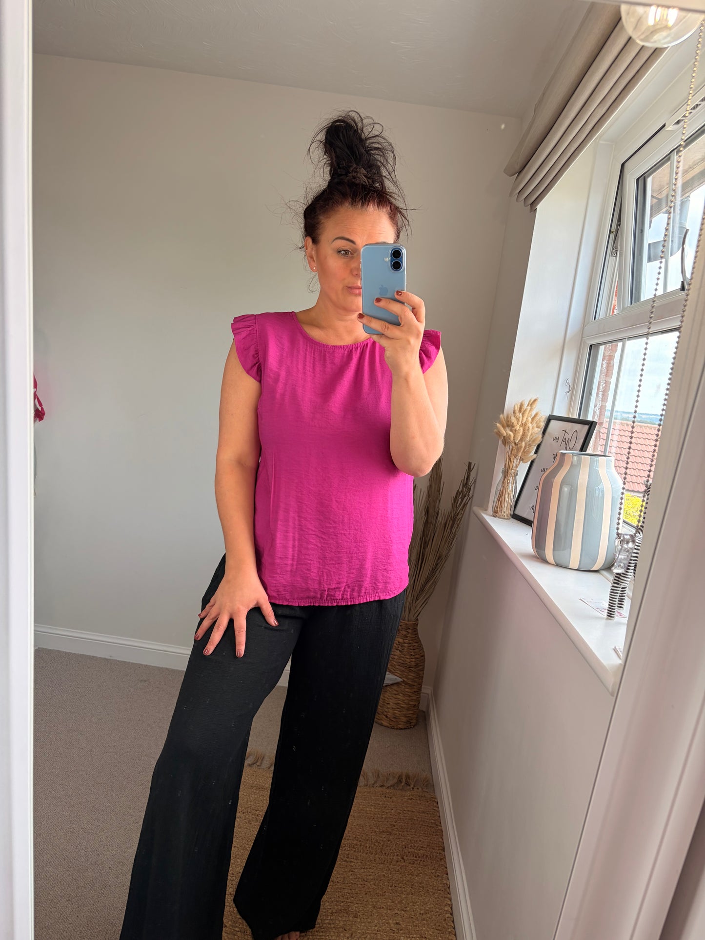 Button Back Frill Sleeve Top - Magenta