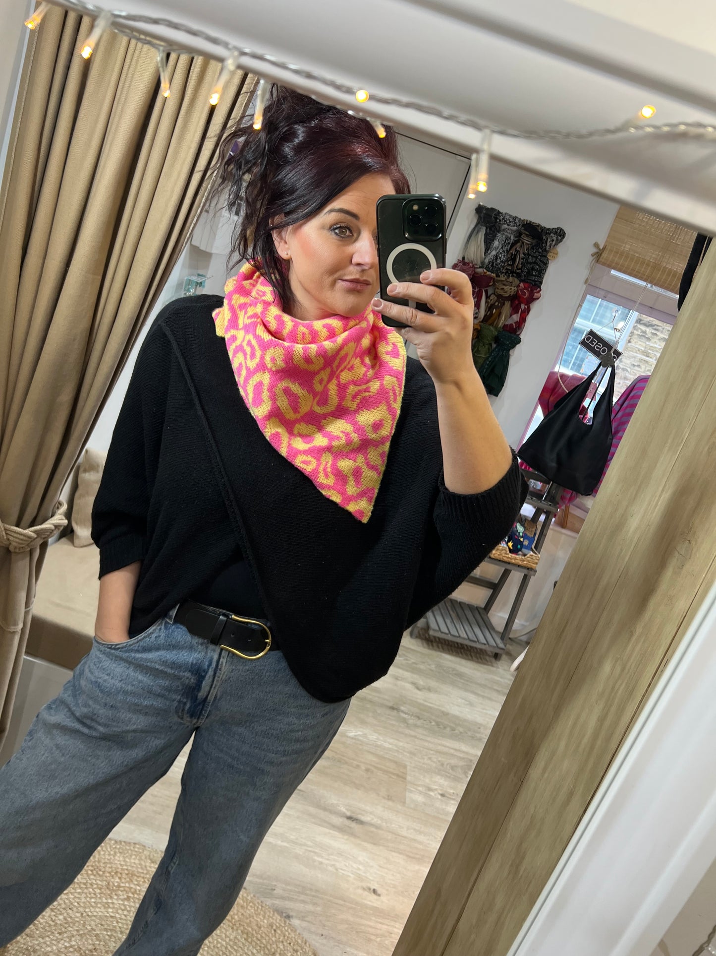 Handkerchief Triangle Scarf - Pink/Yellow Leopard