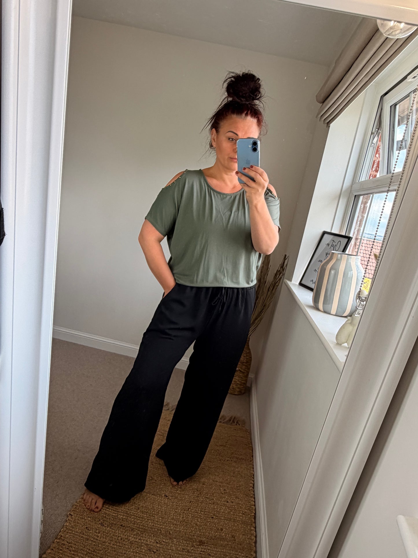 Cold Shoulder Studded Top - Khaki