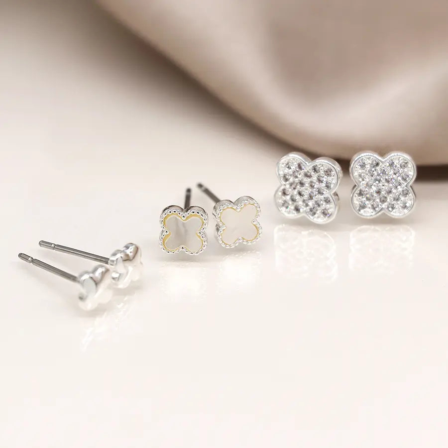 Peace of Mind - Set of 3 Silver Plated Quatrefoil Stud Earrings