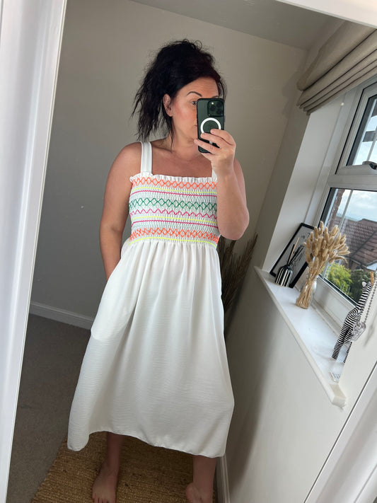 Shirred Bust Midi Dress - White
