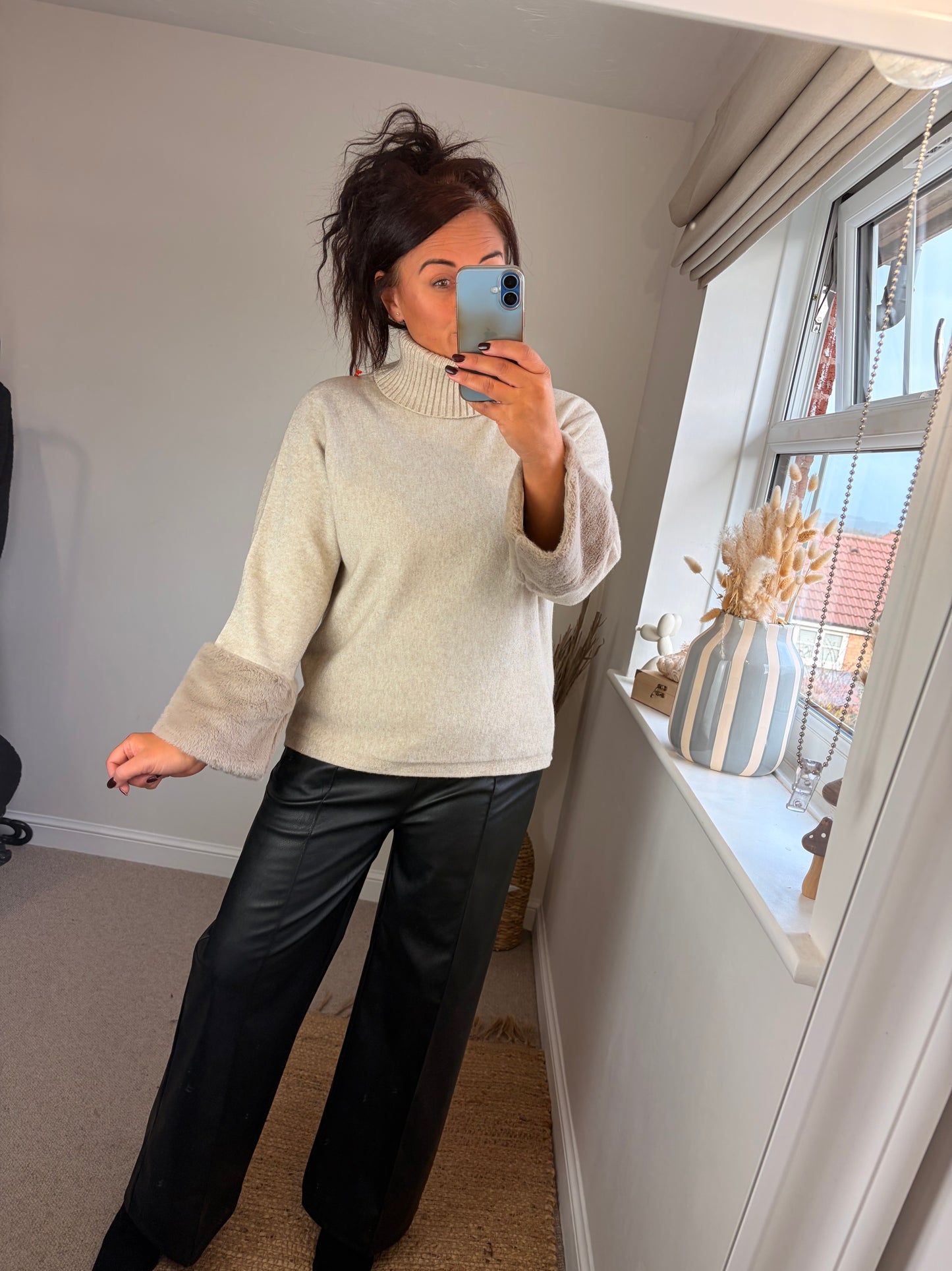 Faux Fur Cuffed Jumper - Cream