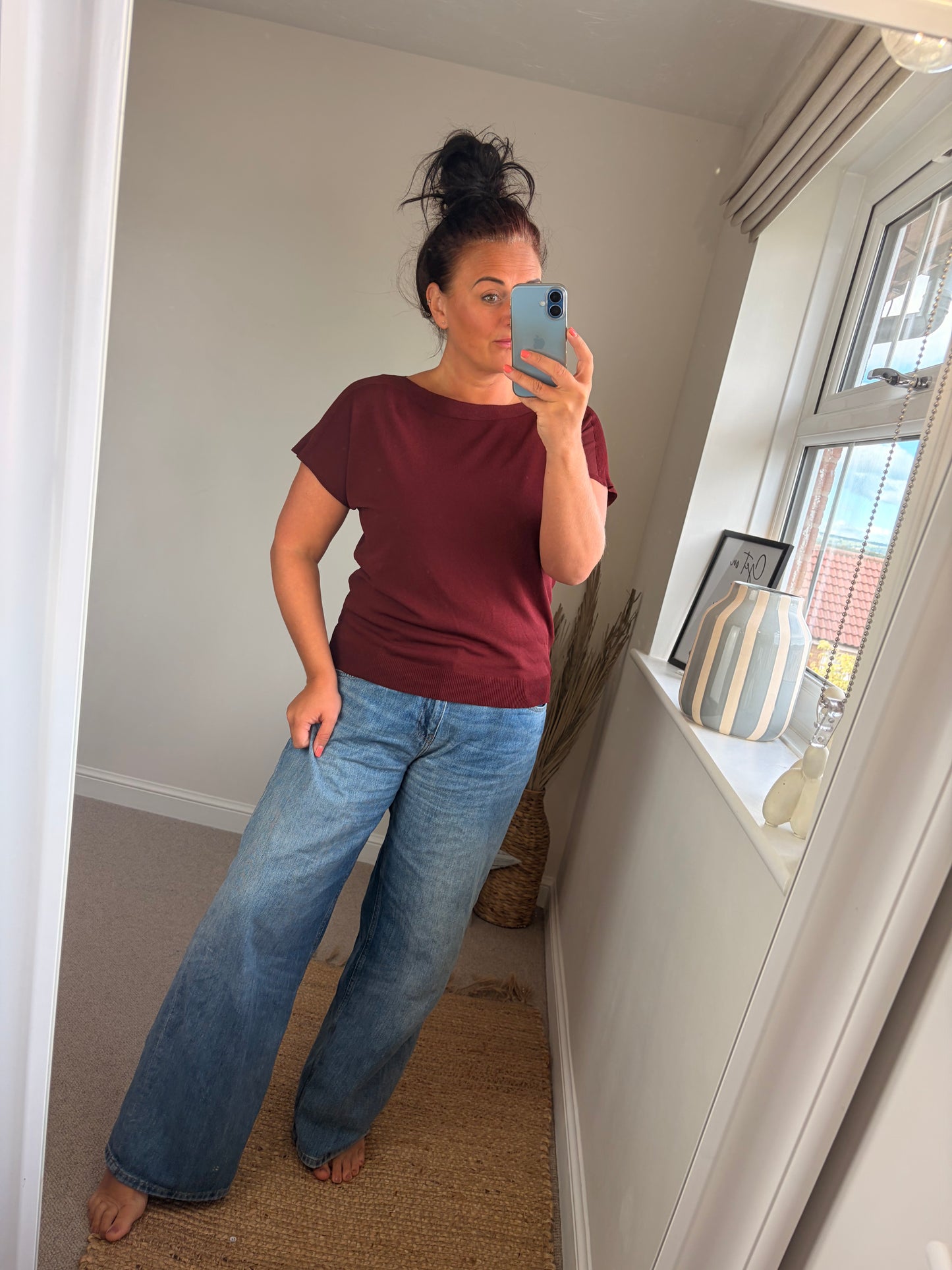 Fine Knit Slash Neck Top - Wine