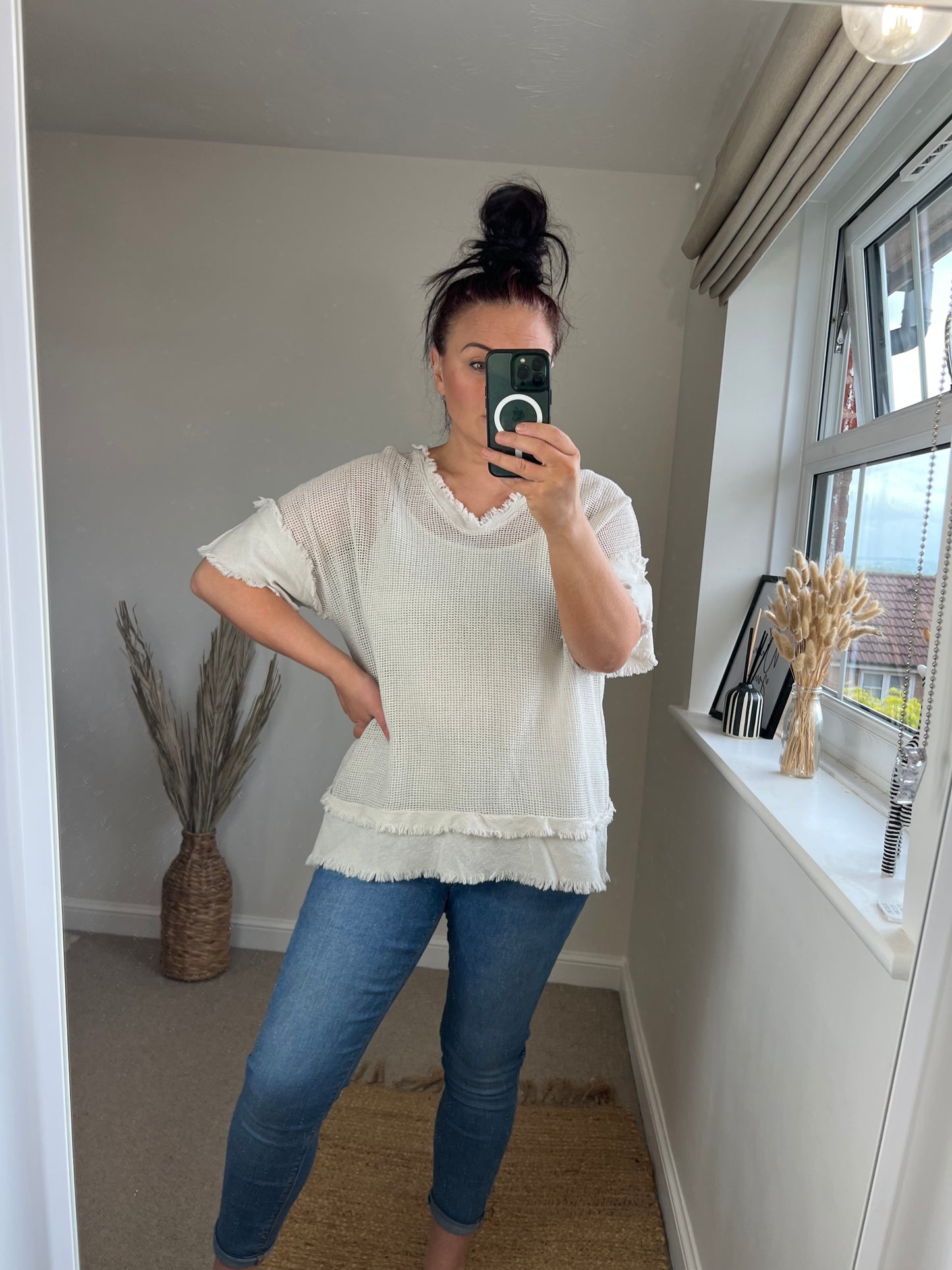 Raw Edge Mesh Top - Beige