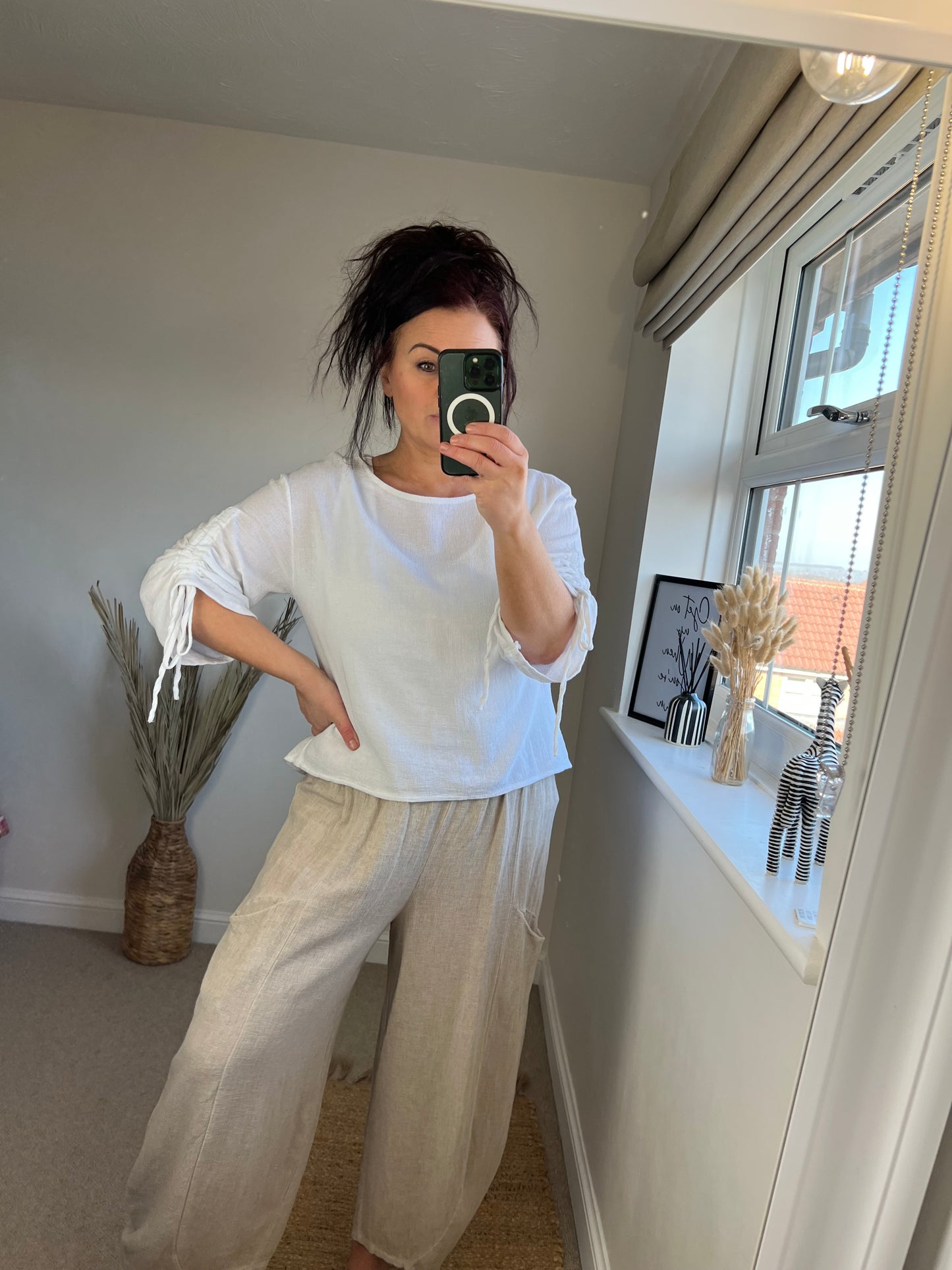 Linen Drawstring Arm Top - White