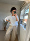 Linen Drawstring Arm Top - White