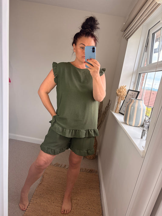 Button Back Short & Top Set - Khaki