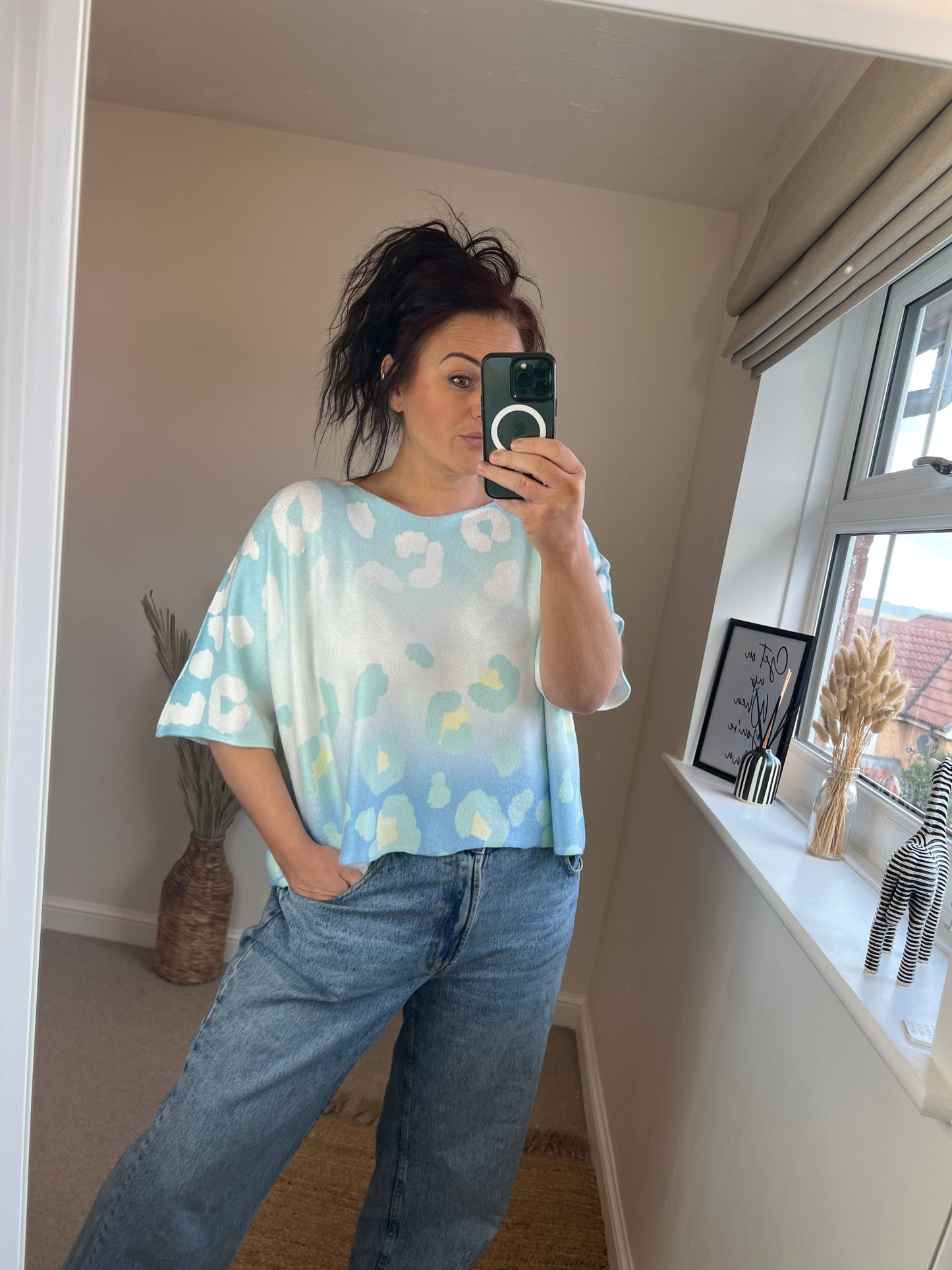 Cropped Sleeve Fine Knit Jumper - Leopard Blue