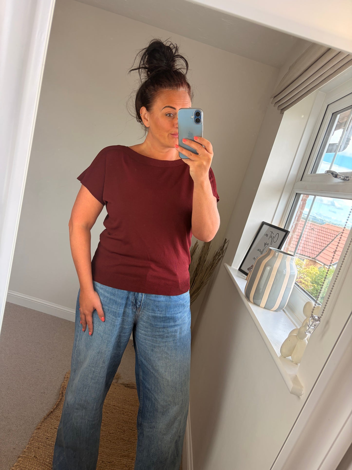 Fine Knit Slash Neck Top - Wine