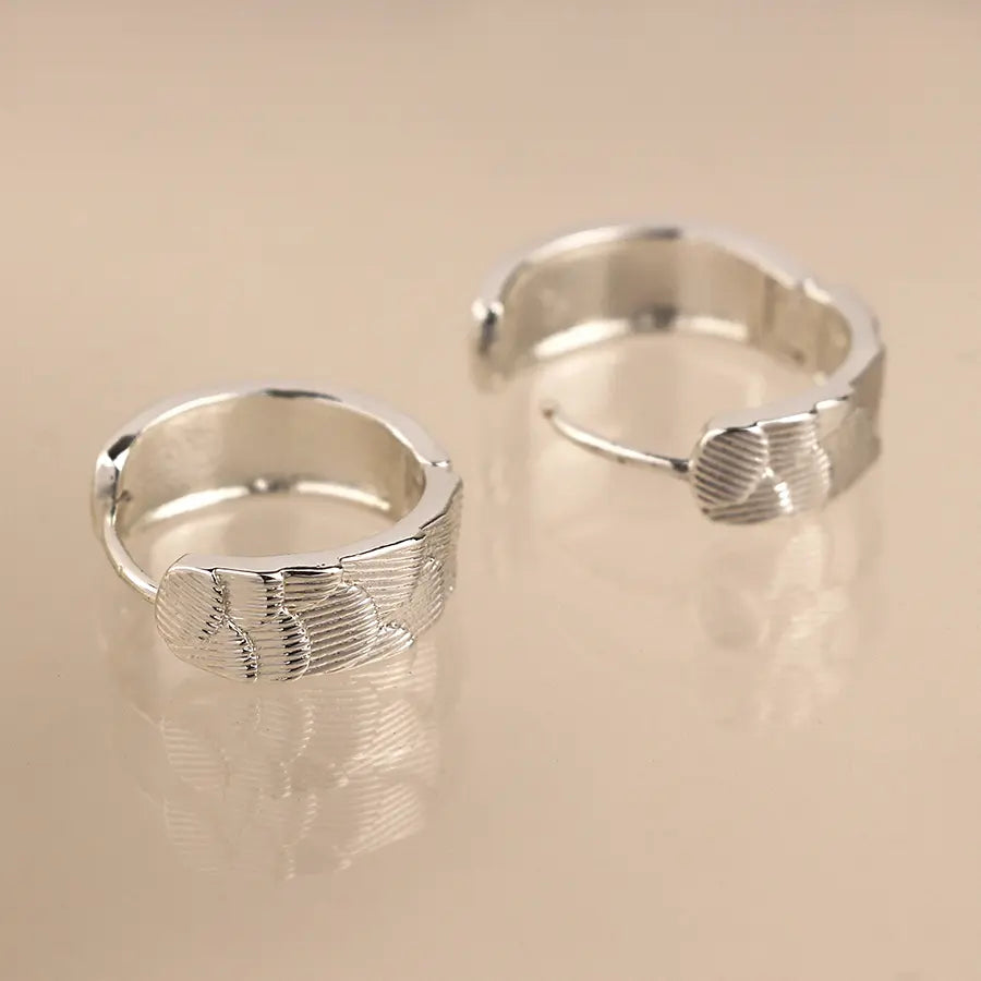 Peace of Mind - Silver Plated Scallop Embossed Hoop Earrings